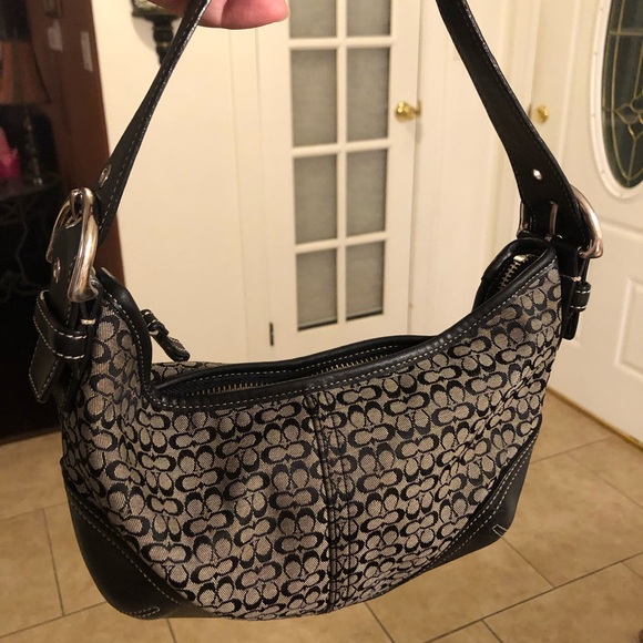 COACH 6351 Black Signature Canvas Leather Mini Shoulder Hand bag Gray Jacquard - Picture 9 of 13